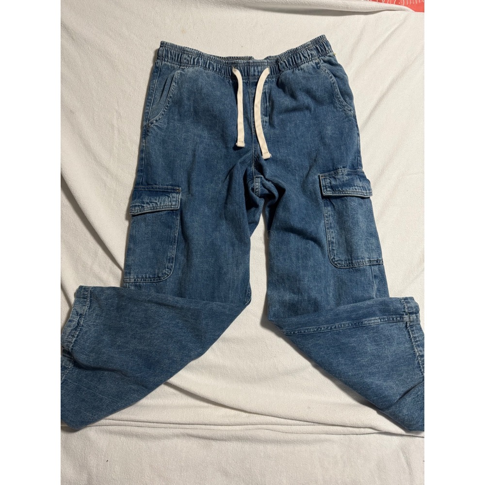 Gap Womens High Rise Wide Leg Cargo Pants Medium Wash Pull On Denim Large